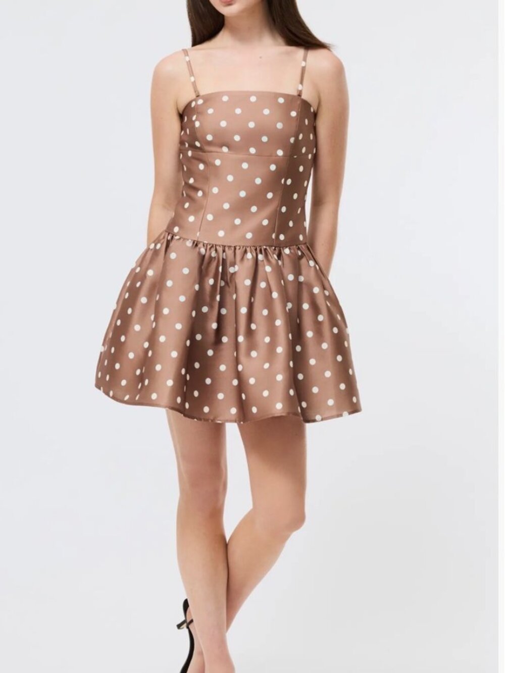 NWT French Connection Taffeta Fit & Flare Polka Dot Chocolate Mini Dress. Size 4